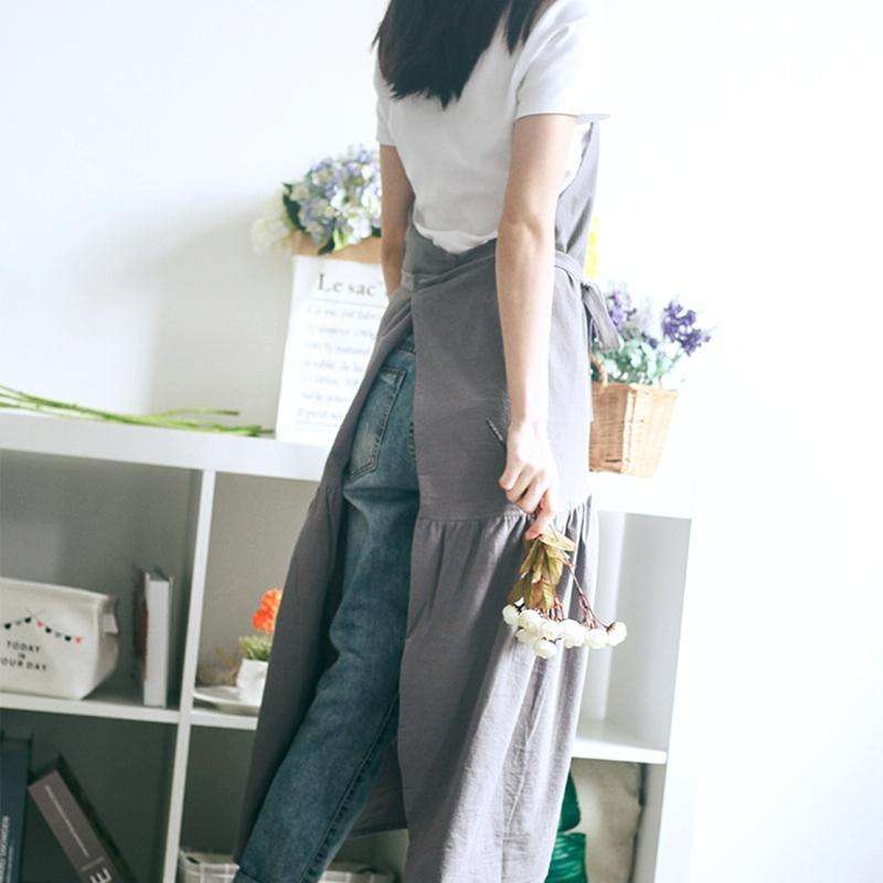 Cotton Linen Fishtail Long Slim Fit Apron Florist Manicure Shop Overalls(Pink)