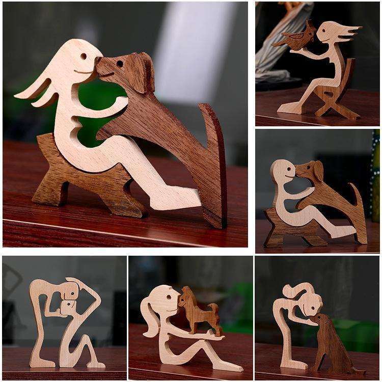 Wooden Human Dog Ornaments Office Home Wood Carving Decoration(B43)