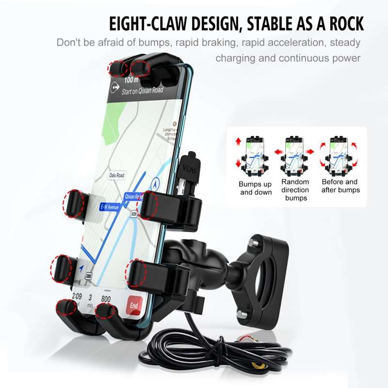 WUPP CS-1098A1 Motorcycle Aluminum Alloy Eight-jaw Mobile Phone Charging Holder with Switch(Black)