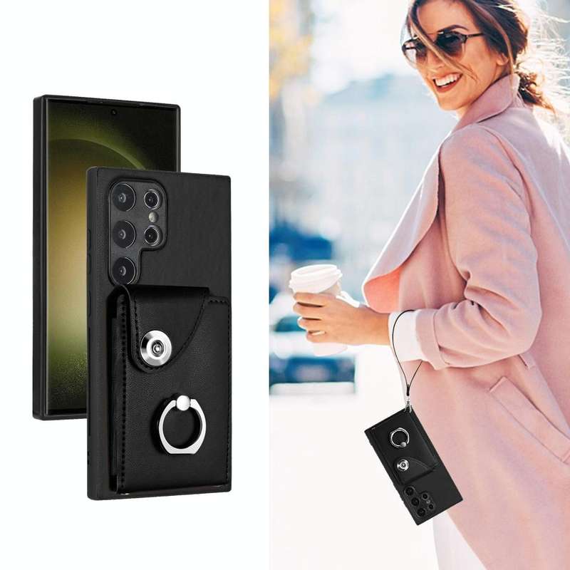 For Samsung Galaxy S24 Ultra 5G Organ Card Bag Ring Holder PU Phone Case with Lanyard(Black)