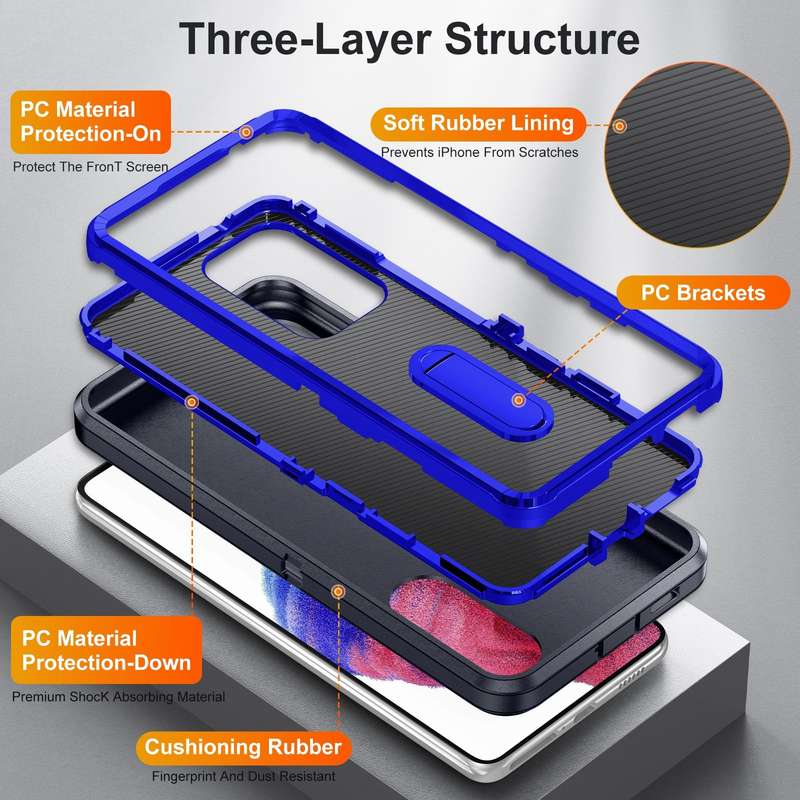 For Samsung Galaxy A53 3 in 1 Rugged Holder Phone Case(Dark Blue+Sapphire Blue)