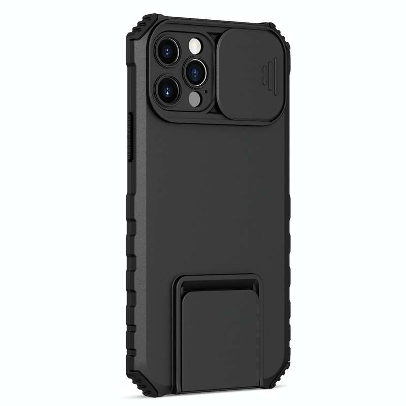 For iPhone 15 Pro Max Stereoscopic Holder Sliding Camshield Phone Case(Black)