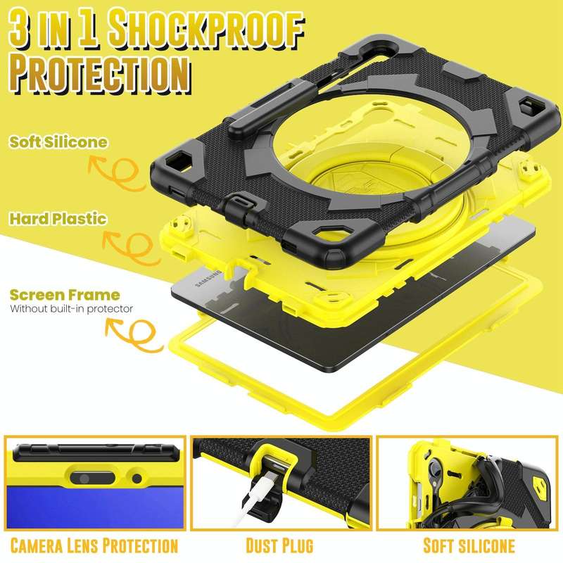 For Samsung Galaxy Tab S9 Spider Rotation Handle Silicone Hybrid PC Tablet Case(Black Yellow)