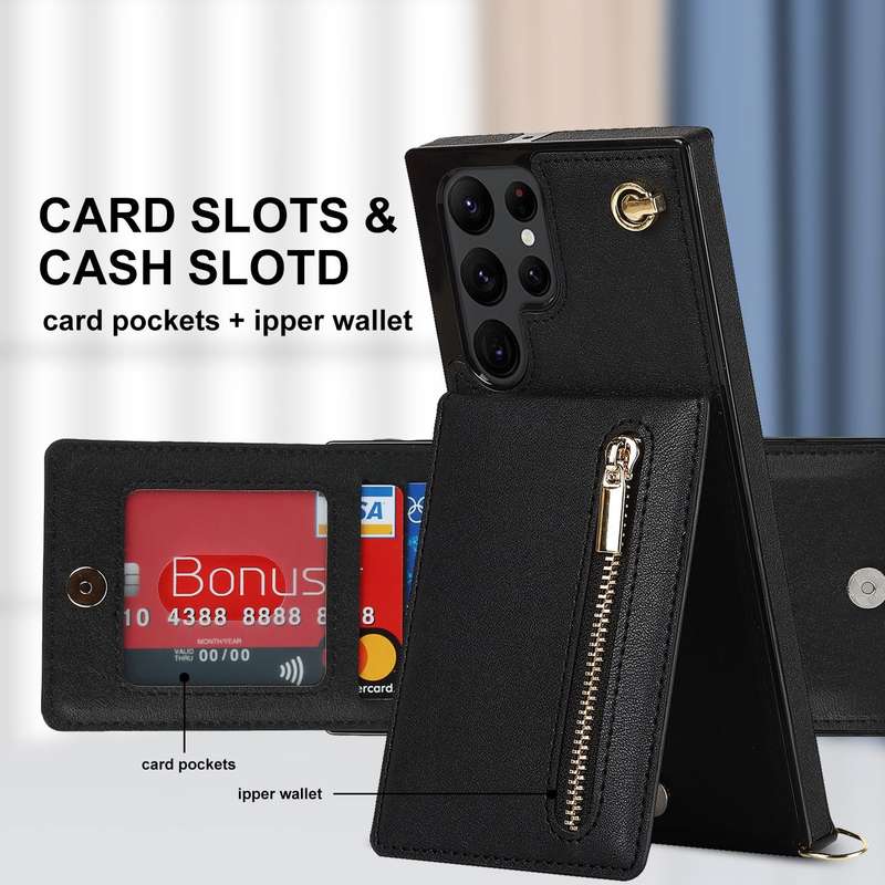 For Samsung Galaxy S22 Ultra 5G Cross-body Square Zipper Card Holder Bag Phone Case(Black)