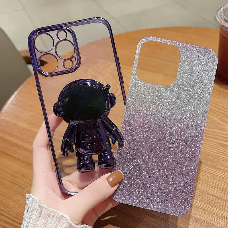For iPhone 14 Pro Max Astronaut Holder Gradient Glitter Powder Phone Case(Purple)