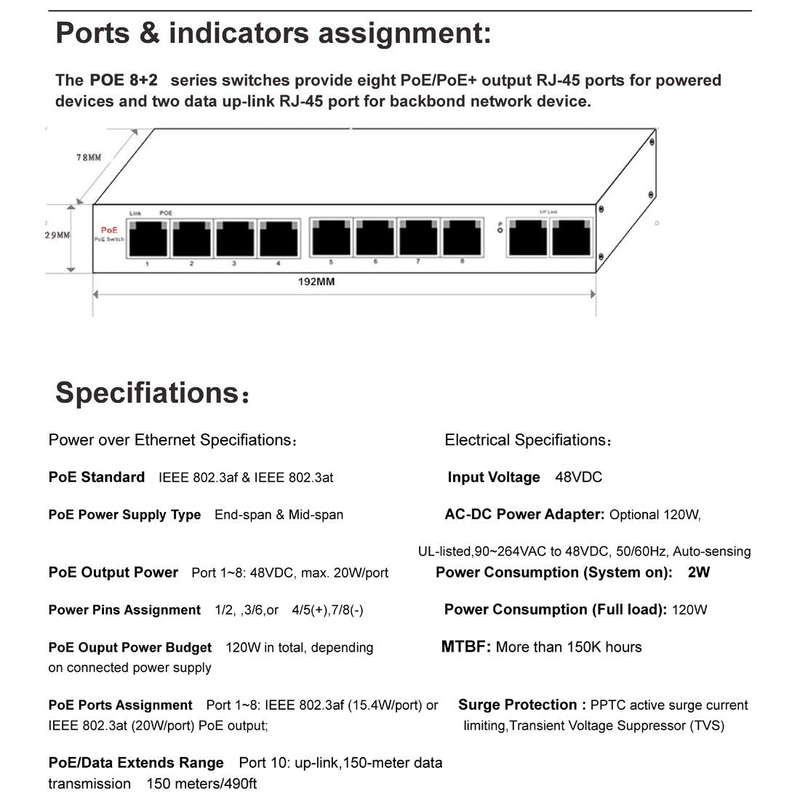 ESCAM POE 8+2 10-Port Fast Ethernet Switch 8-Port POE 10/100M 120W Network Switch, Transmission D...