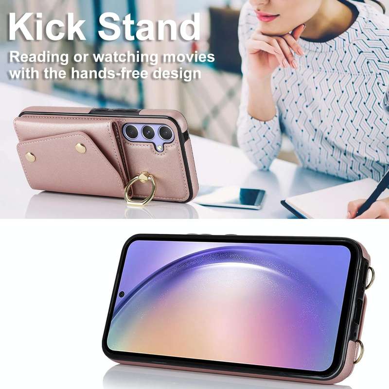 For Samsung Galaxy A54 5G Zipper Card Bag Phone Case with Dual Lanyard(Rose Gold)