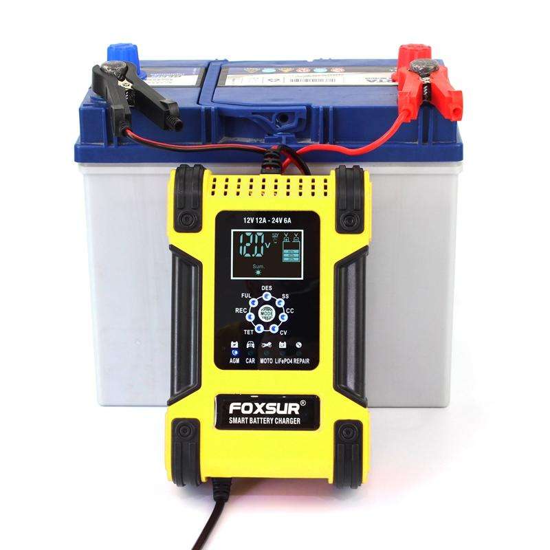 FOXSUR 12A / 12V / 24V Car / Motorcycle 7-stage Lead-acid Battery AGM Charger, Plug Type:UK Plug(...