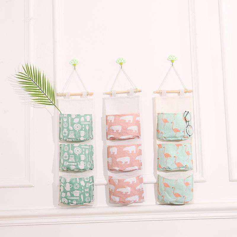Cotton Linen Hanging Storage Bag 3 Pockets Wall Mounted Wardrobe Hang Bag Wall Pouch Cosmetic Toy...