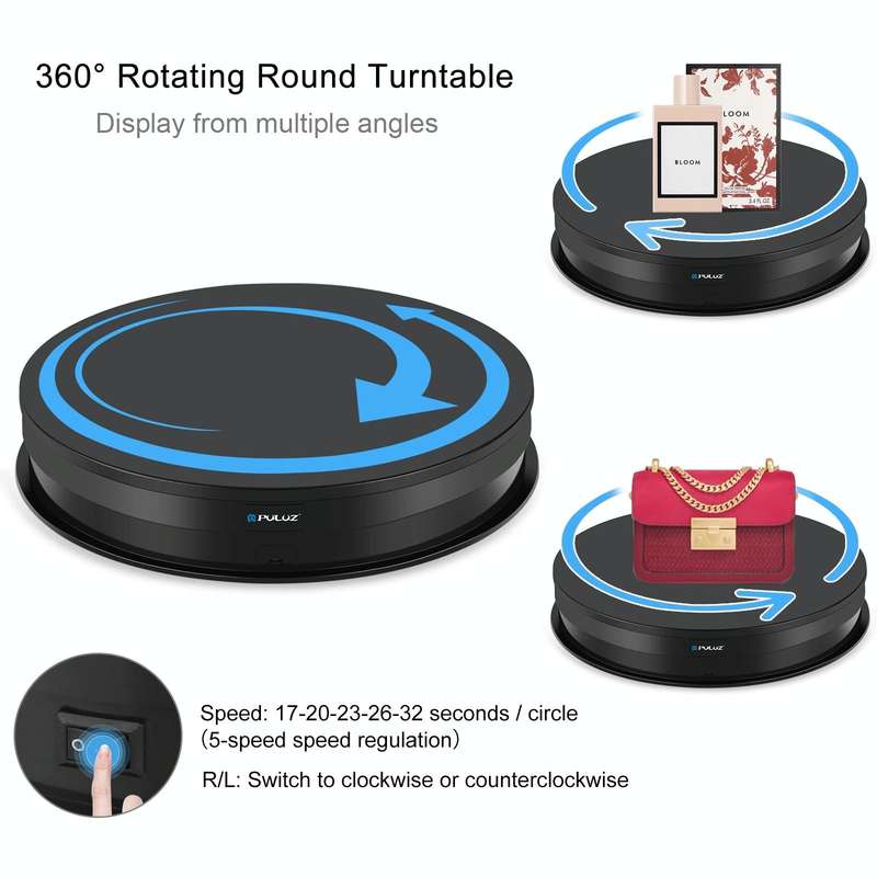 PULUZ 30cm Adjusting Speed Rotating Turntable Display Stand, Load 10-15kg, EU Plug (Black)