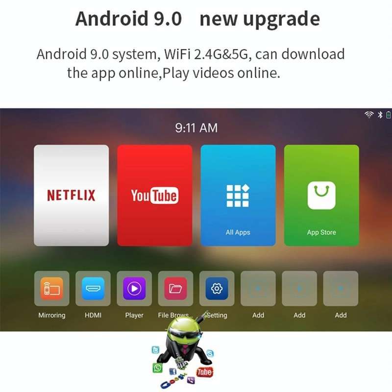 S90 DLP Android 9.0 1GB+8GB 4K Mini WiFi Smart Projector, Power Plug:AU Plug(Black)