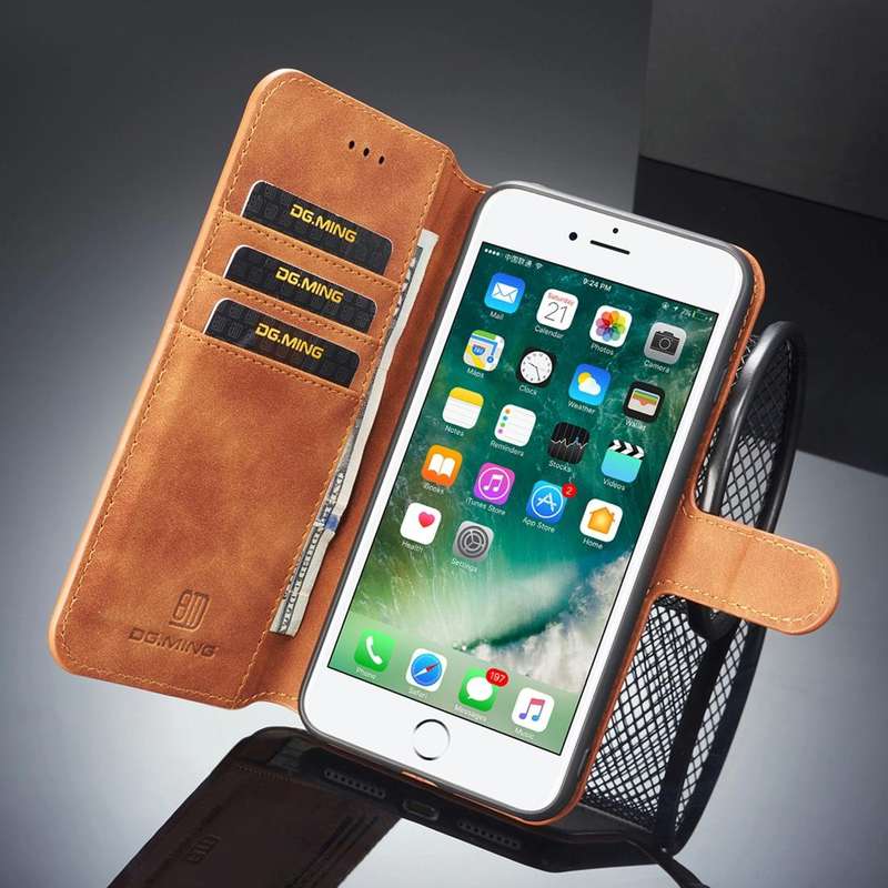 DG.MING Retro Oil Side Horizontal Flip Case for iPhone 8 Plus & 7 Plus, with Holder & Card Slots ...