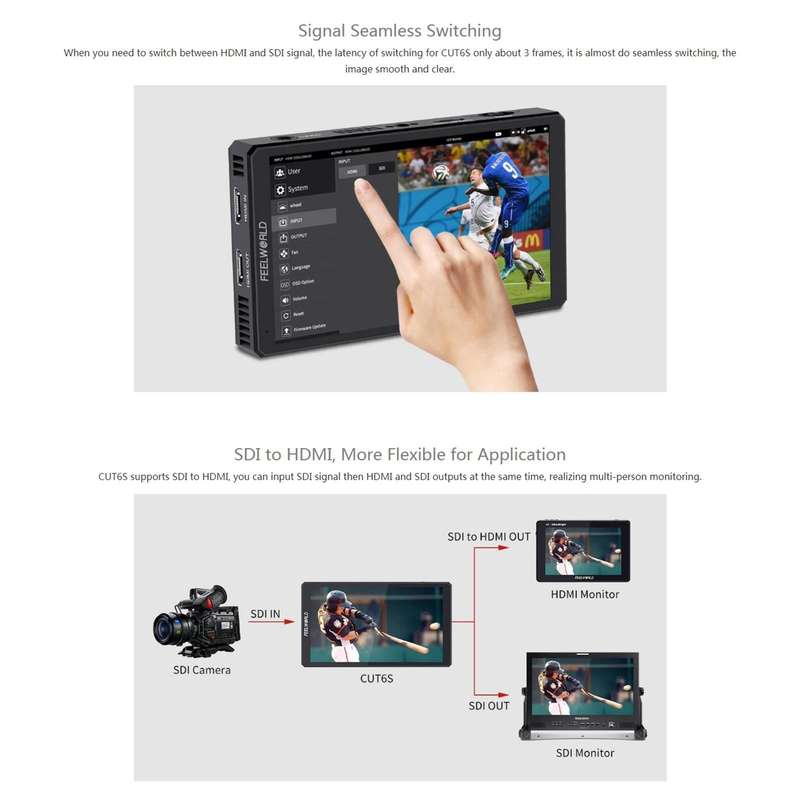 FEELWORLD CUT6S 6-inch Touch Screen Monitor Recorder FHD IPS 4K HDMI 3G-SDI Camera Field Monitor ...