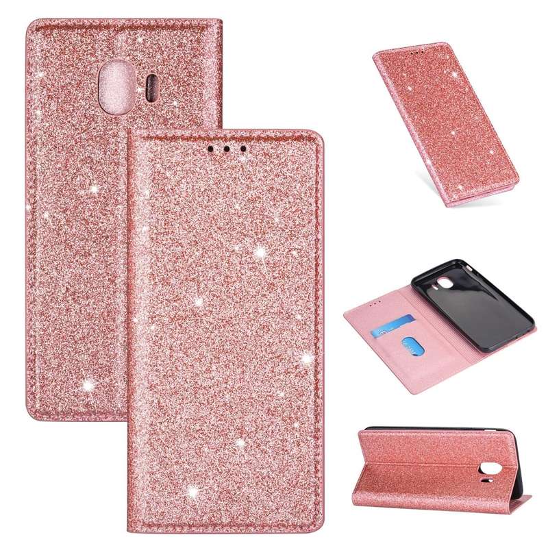 For Samsung Galaxy J4 (2018) Ultrathin Glitter Magnetic Horizontal Flip Leather Case with Holder ...