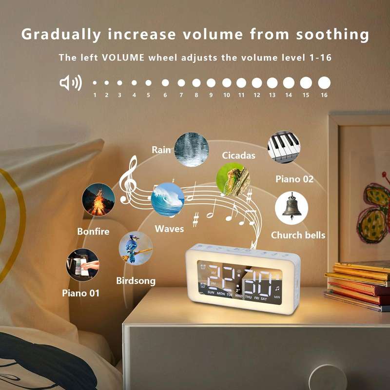 Color Changing LED Light Mirror Alarm Clock Built-in 8 Natural Music(White)