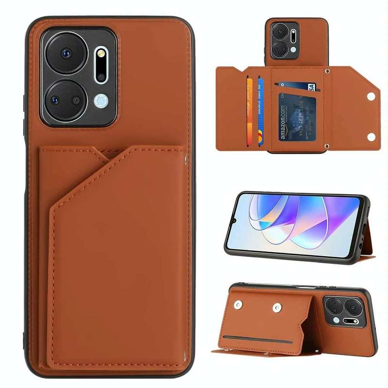 For Honor X7a Skin Feel PU + TPU + PC Card Slots Phone Case(Brown)