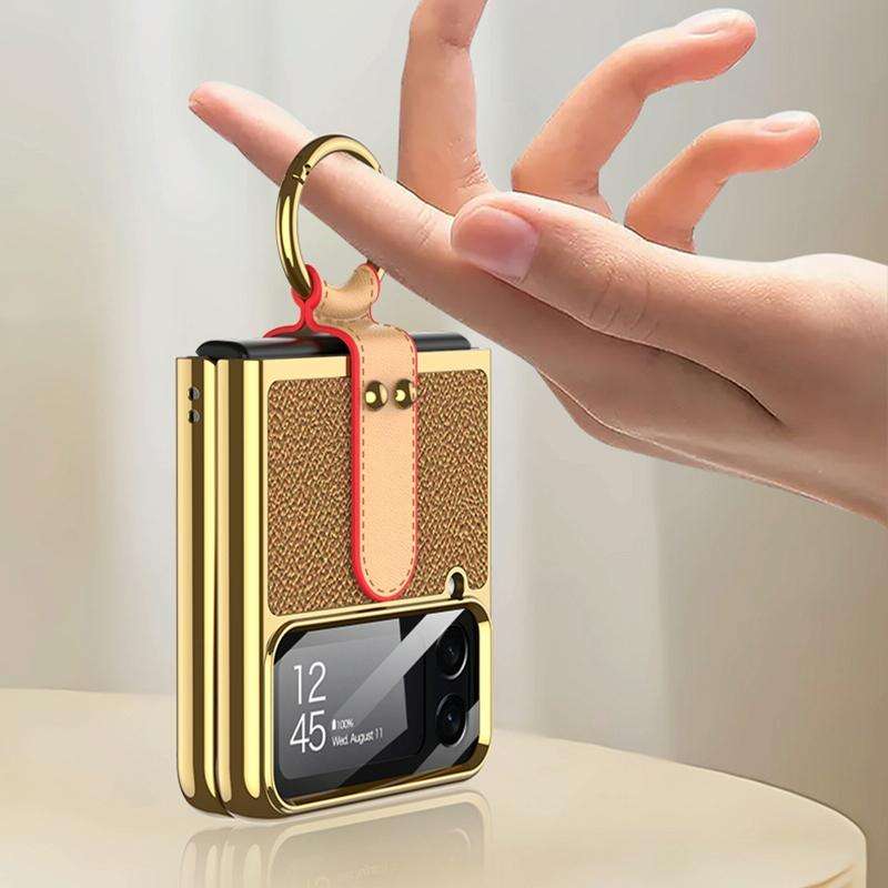 For Samsung Galaxy Z Flip4 GKK Plating + Leather Phone Case with Ring & Strap(Gold)