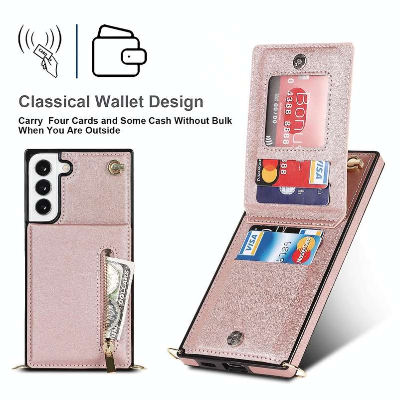 For Samsung Galaxy S22+ 5G Cross-body Square Zipper Card Holder Bag Phone Case(Rose Gold)