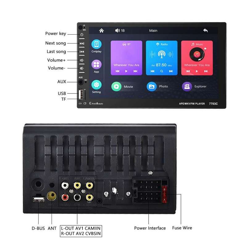 7703C 7 inch Car Double Butt Universal MP5 Bluetooth Player, Style: Standard+4 Light Camera