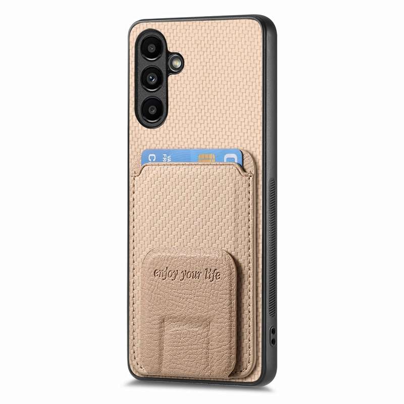 For Samsung Galaxy A73 5G Carbon Fiber Card Bag Fold Stand Phone Case(Khaki)