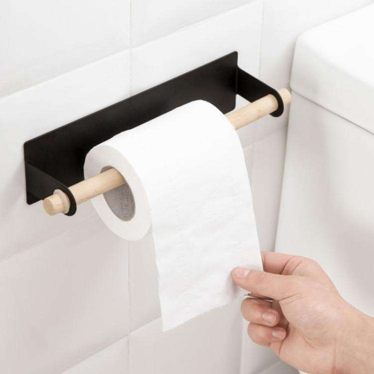 Non-perforated Kitchen Paper Holder Rag Roll Paper Storage Rack Toilet Bathroom Towel Rack(Black)