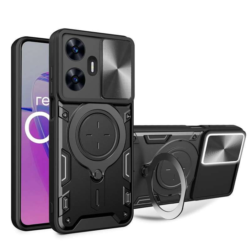 For Realme C55 4G CD Texture Sliding Camshield Magnetic Holder Phone Case(Black)