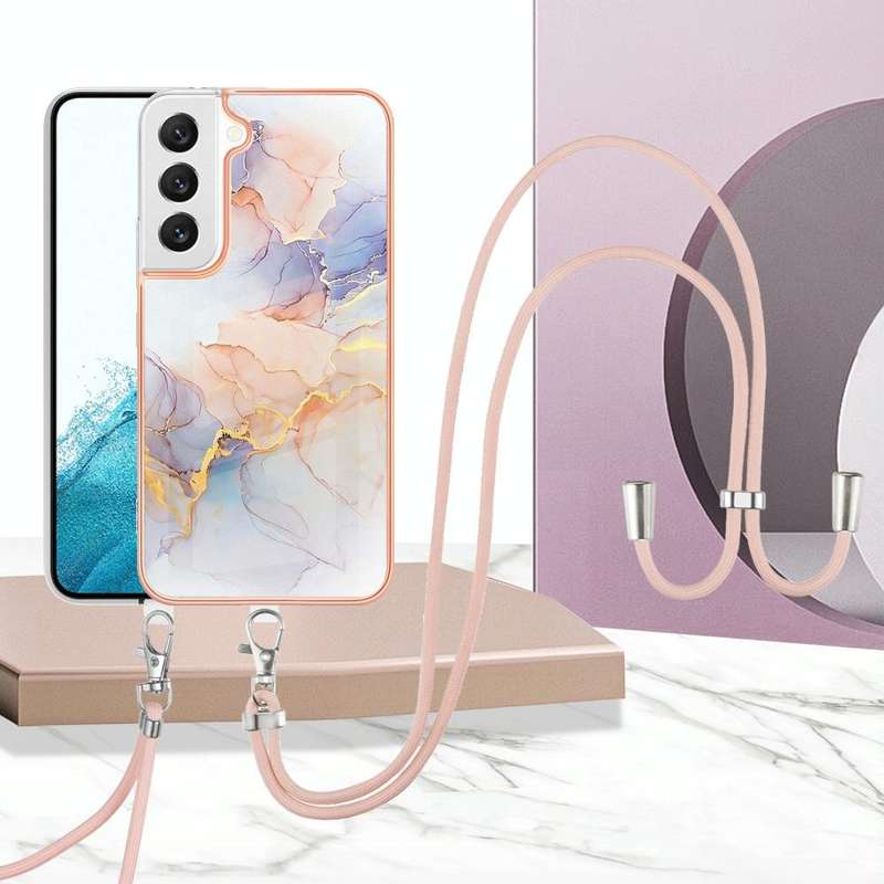For Samsung Galaxy S22 5G Electroplating IMD TPU Phone Case with Lanyard(White Marble)
