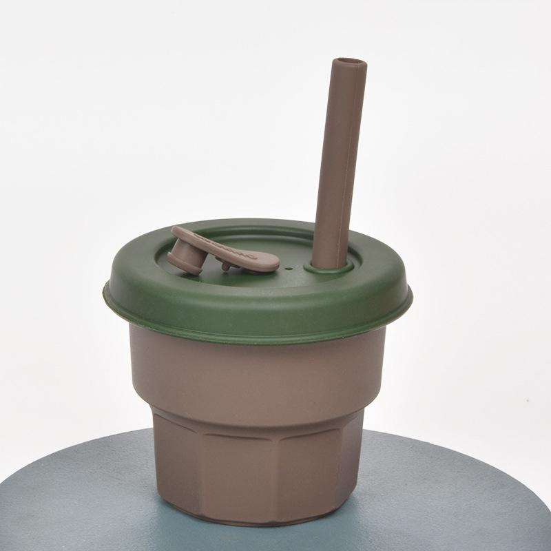 Children Silicone Straw Cups Drop And High Temperature Resistant Water Cups Brown Cup+Ink Green C...