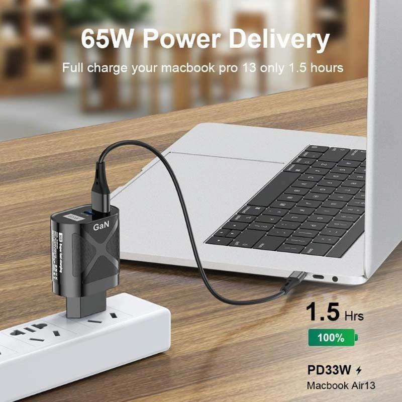 65W GAN PD + QC3.0 Fast Charger Phone Notebook Computer Universal Charging Head, Plug: EU Plug Black