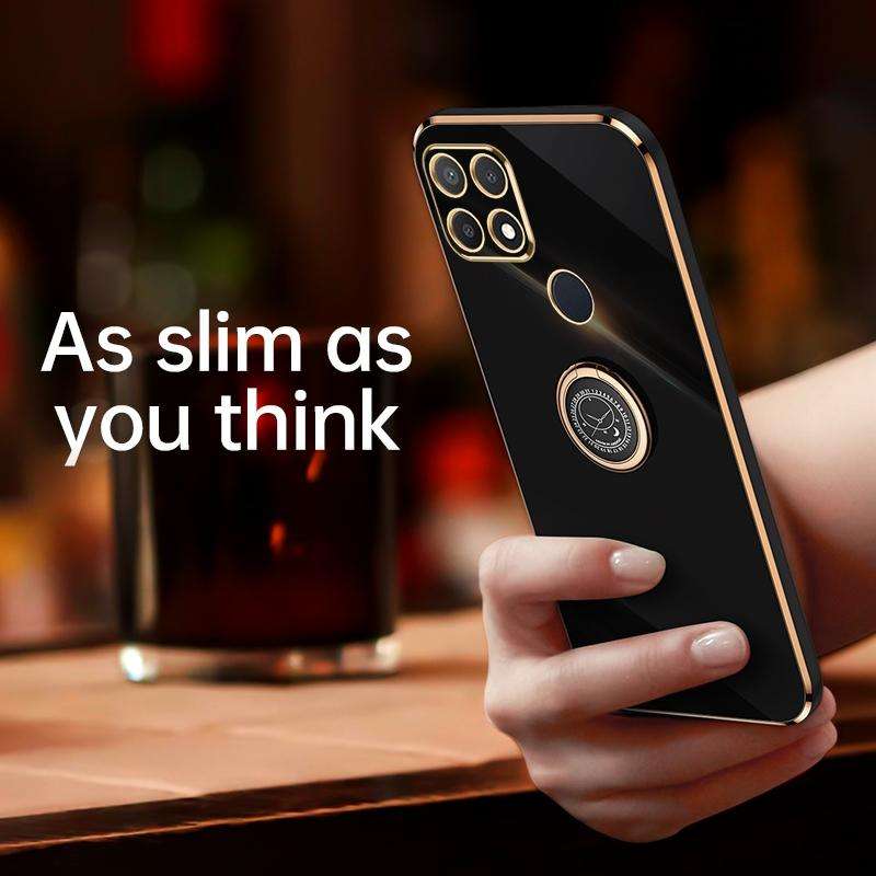 For OPPO A15 XINLI Straight 6D Plating Gold Edge TPU Shockproof Case with Ring Holder(Black)