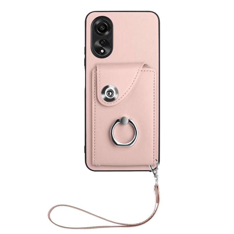 For OPPO A58 4G Global Organ Card Bag Ring Holder PU Phone Case with Lanyard(Pink)