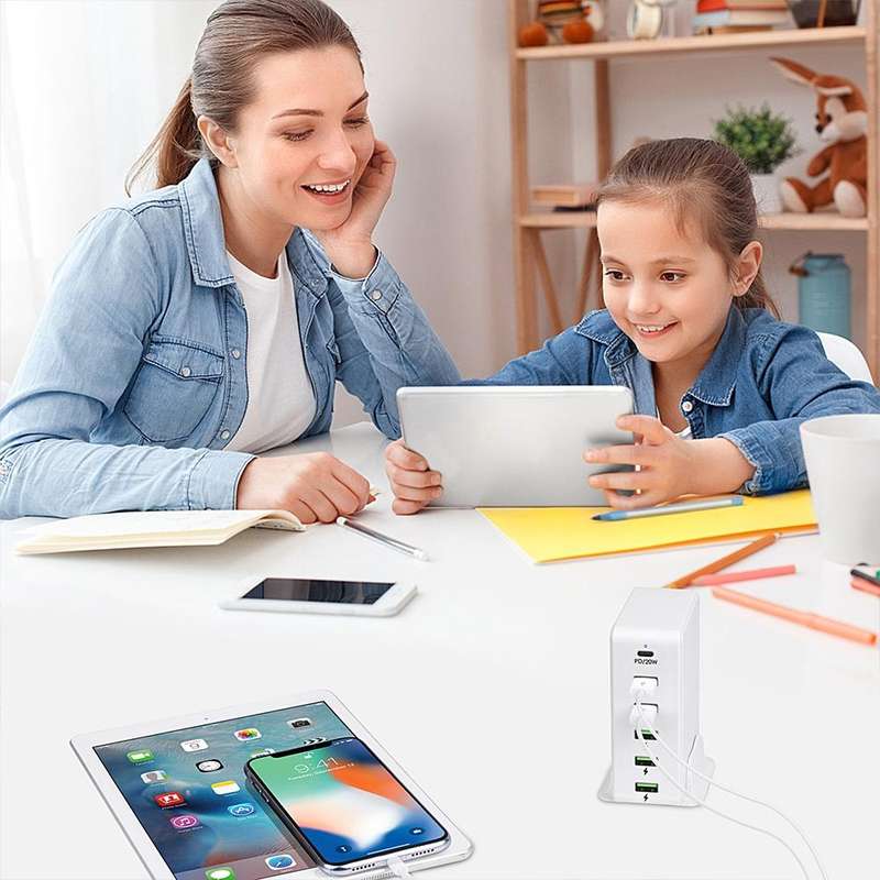 6 in 1 65W PD USB-C / Type-C + QC 3.0 USB + 4 USB Multi-port Travel Charger, UK Plug(White)