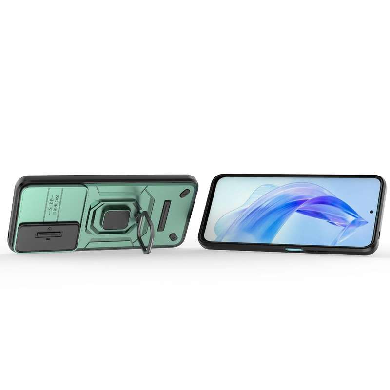 For Honor 90 Lite 5G Sliding Camshield TPU + PC Shockproof Phone Case with Holder(Green)