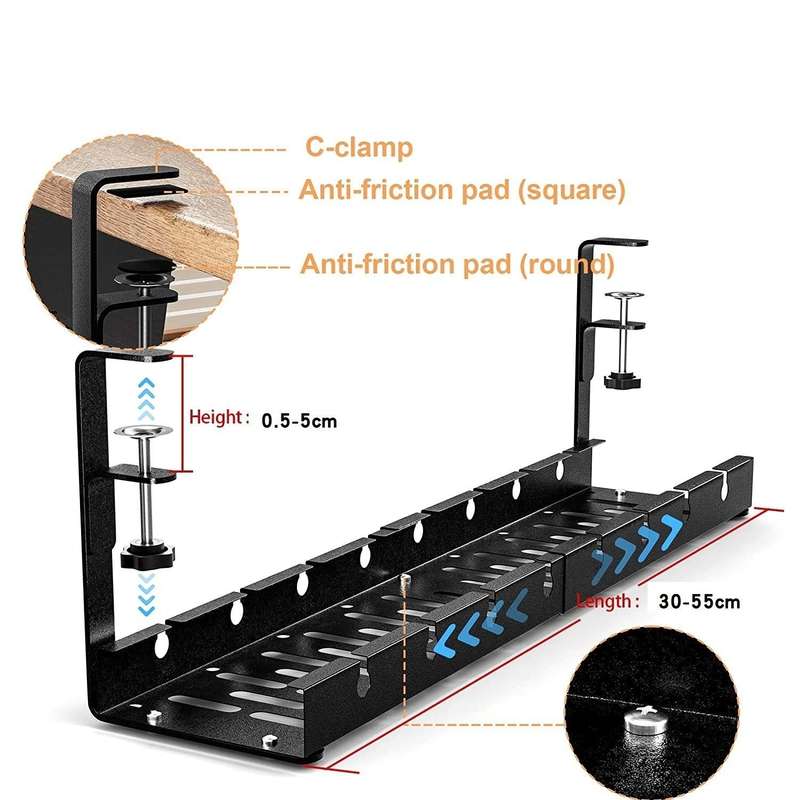 Stretchable Under Desk Cable Management Tray Carbon Steel Cable Organizer Cable Storage Rack(Black)