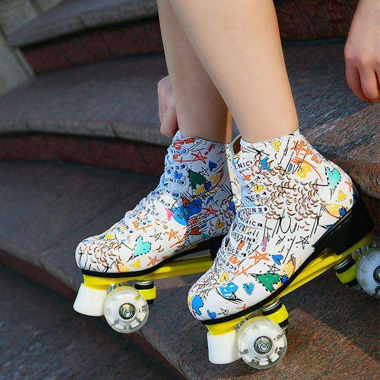 Adult Children Graffiti Roller Skates Shoes Double Row Four-Wheel Roller Skates Shoes, Size: 42(F...