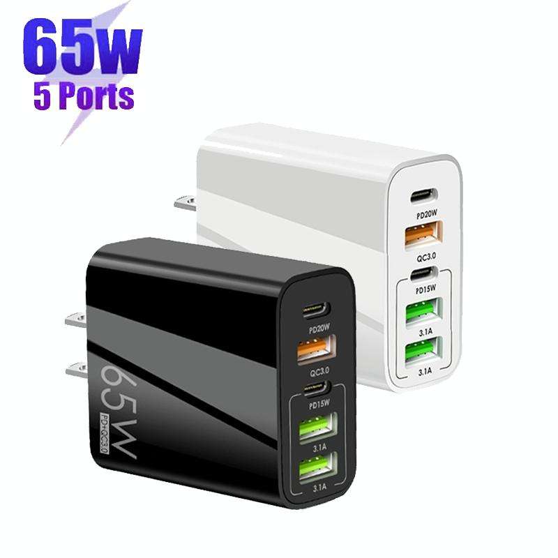 65W Dual PD Type-C + 3 x USB Multi Port Charger for Phone and Tablet PC, US Plug(White)