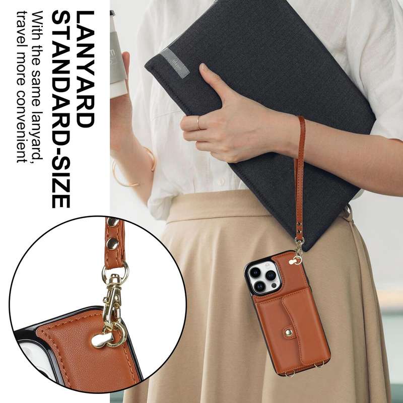 For iPhone 14 Pro Max RFID Card Slot Phone Case with Long Lanyard(Brown)