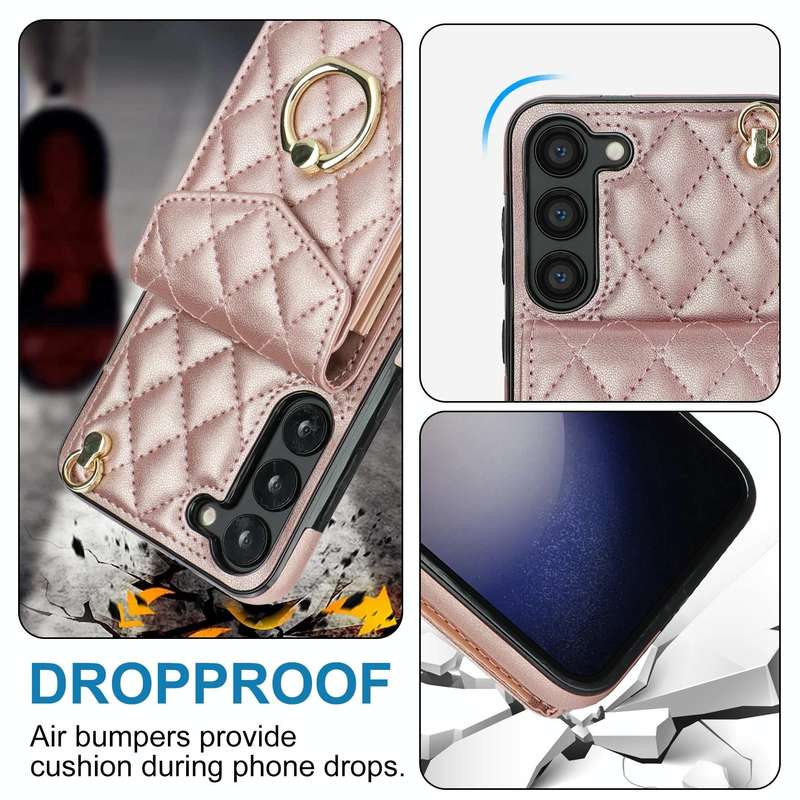 For Samsung Galaxy S24 5G Rhombic Texture Card Bag Phone Case with Long Lanyard(Rose Gold)