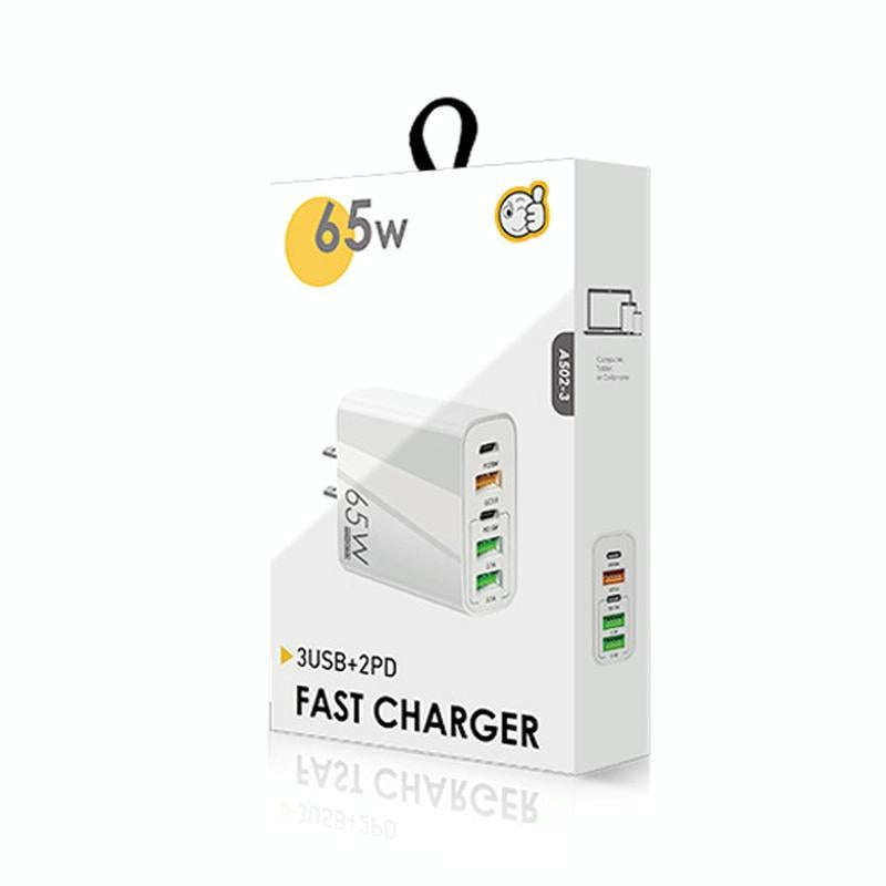 65W Dual PD Type-C + 3 x USB Multi Port Charger for Phone and Tablet PC, US Plug(White)