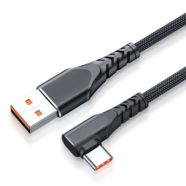 6A 66W USB to USB-C / Type-C Elbow Mobile Phone Game Fast Data Cable, Length:2m(Black)
