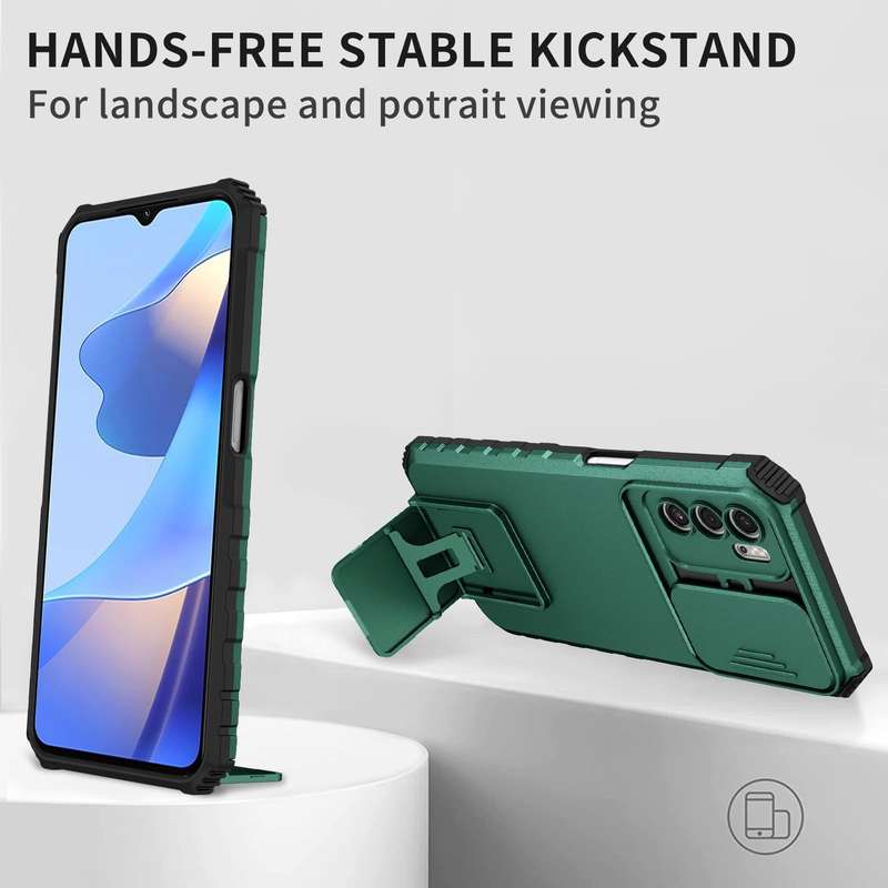 For OPPO A16 Stereoscopic Holder Sliding Camshield Phone Case(Dark Green)