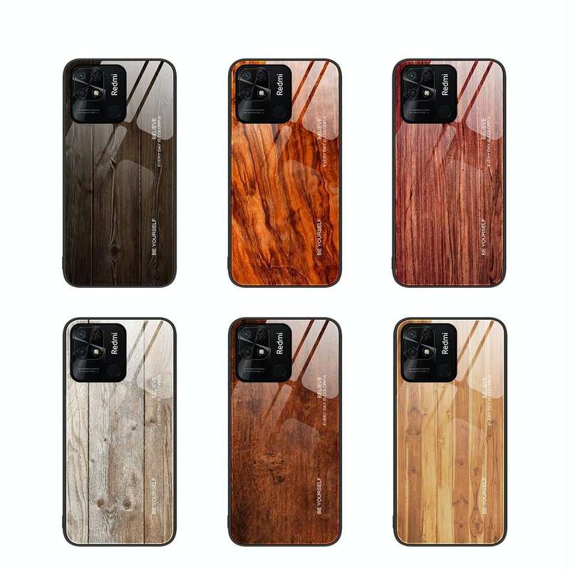 For Xiaomi Redmi 10C Wood Grain Glass Protective Case(Black)