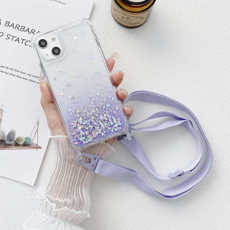 For iPhone 15 Gradient Glitter Epoxy TPU Thickened Acrylic Phone Case with Wide Lanyard(Purple)