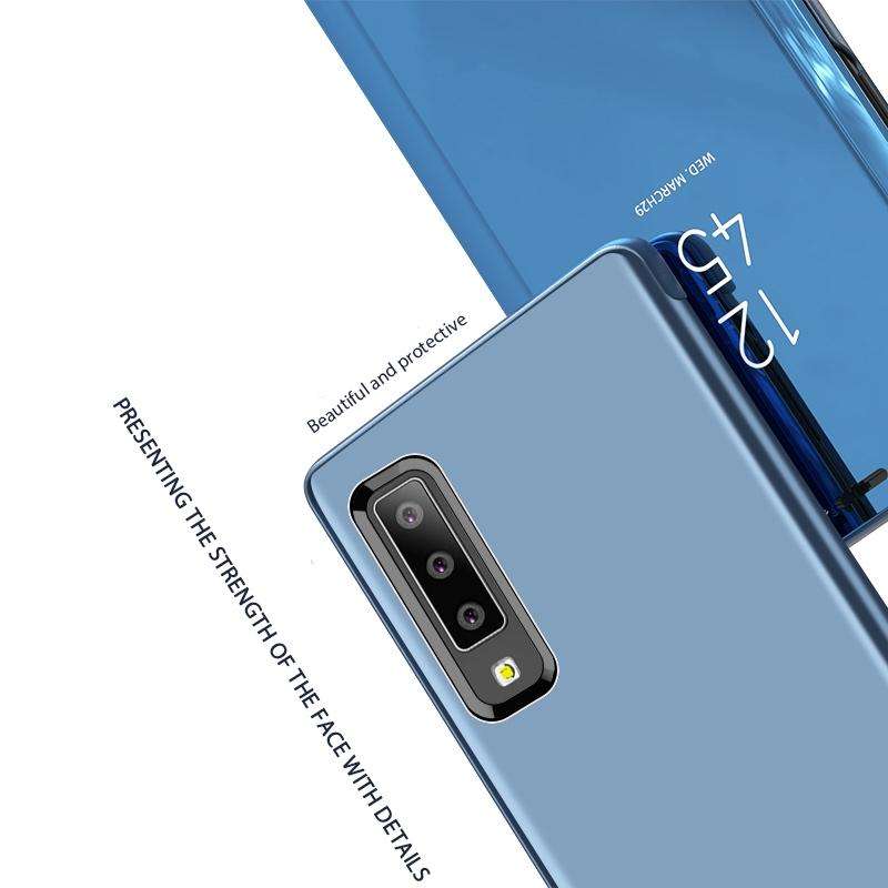 For Galaxy A30s / A50s Plating Mirror Left and Right Flip Cover with Bracket Holster(Blue)