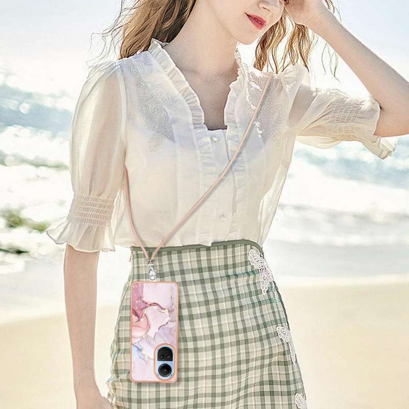 For OPPO Reno10 5G Global Electroplating Marble Dual-side IMD Phone Case with Lanyard(Rose Gold 005)