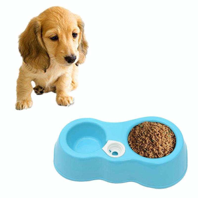 Dog Cat Food Dish + Drinking Water Double Bowls with Automatic Water Dispenser(Blue)