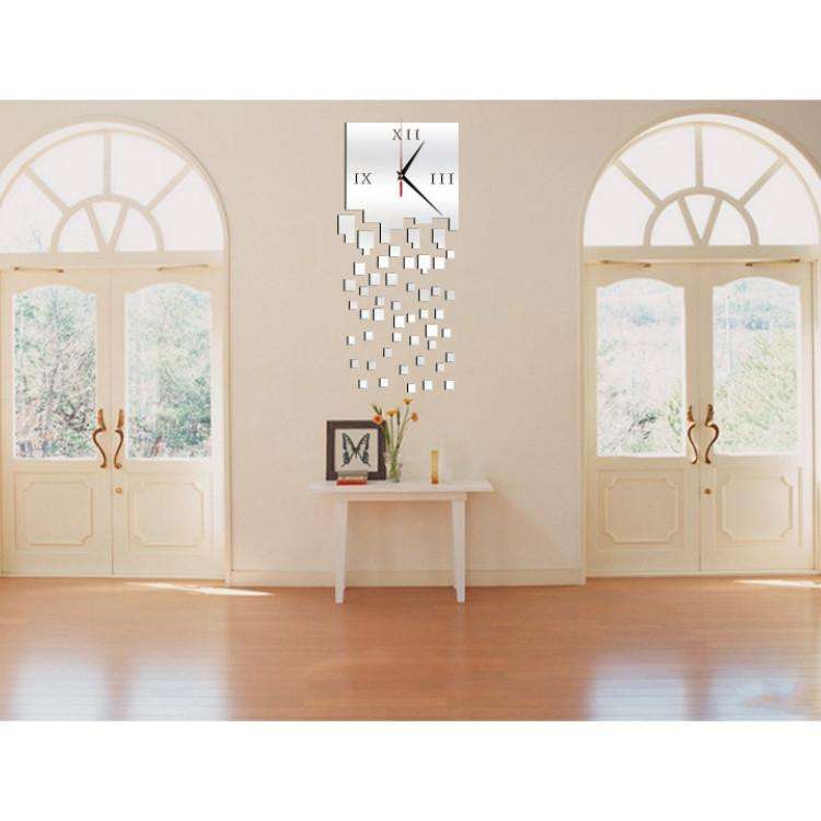 Mirror Clock Personality Wall Clock Three-dimensional Wall Decoration Mosaic Wall Clock(Silver)