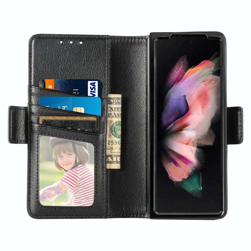 For Samsung Galaxy Z Fold4 5G Litchi Pattern Folding Phone Case with Pen & Card Slots (Black)