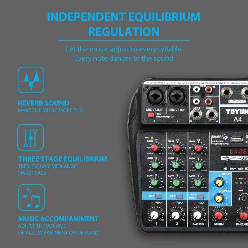 TEYUN A4 4-way Small Microphone Digital Mixer Live Recording Effector(US Plug)