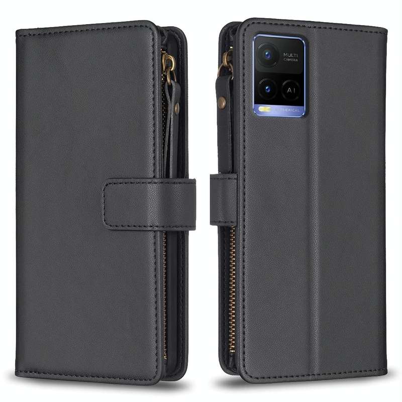 For vivo Y21 / Y21s / Y33s 9 Card Slots Zipper Wallet Leather Flip Phone Case(Black)